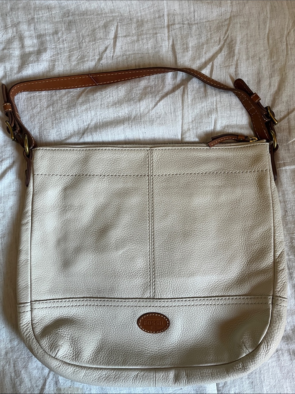Fossil Cream Leather Shoulder Bag with Brown Strap